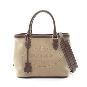 Prada Logo Jacquard Handbag Canvas Leather Beige Tan Brown